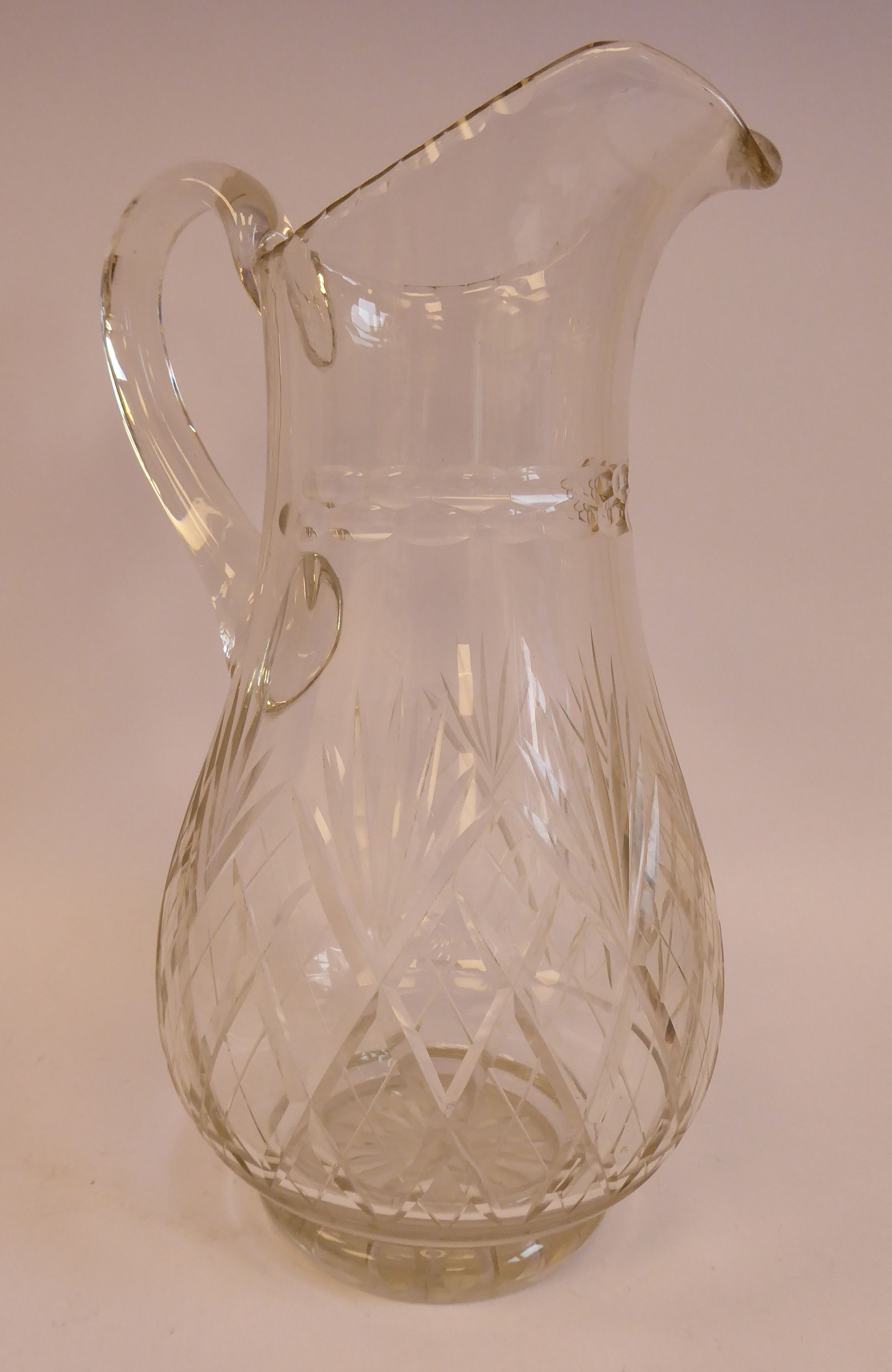 A late 19th/early 20thC crystal cordial jug of waisted baluster form with a drawn loop handle, - Image 3 of 6