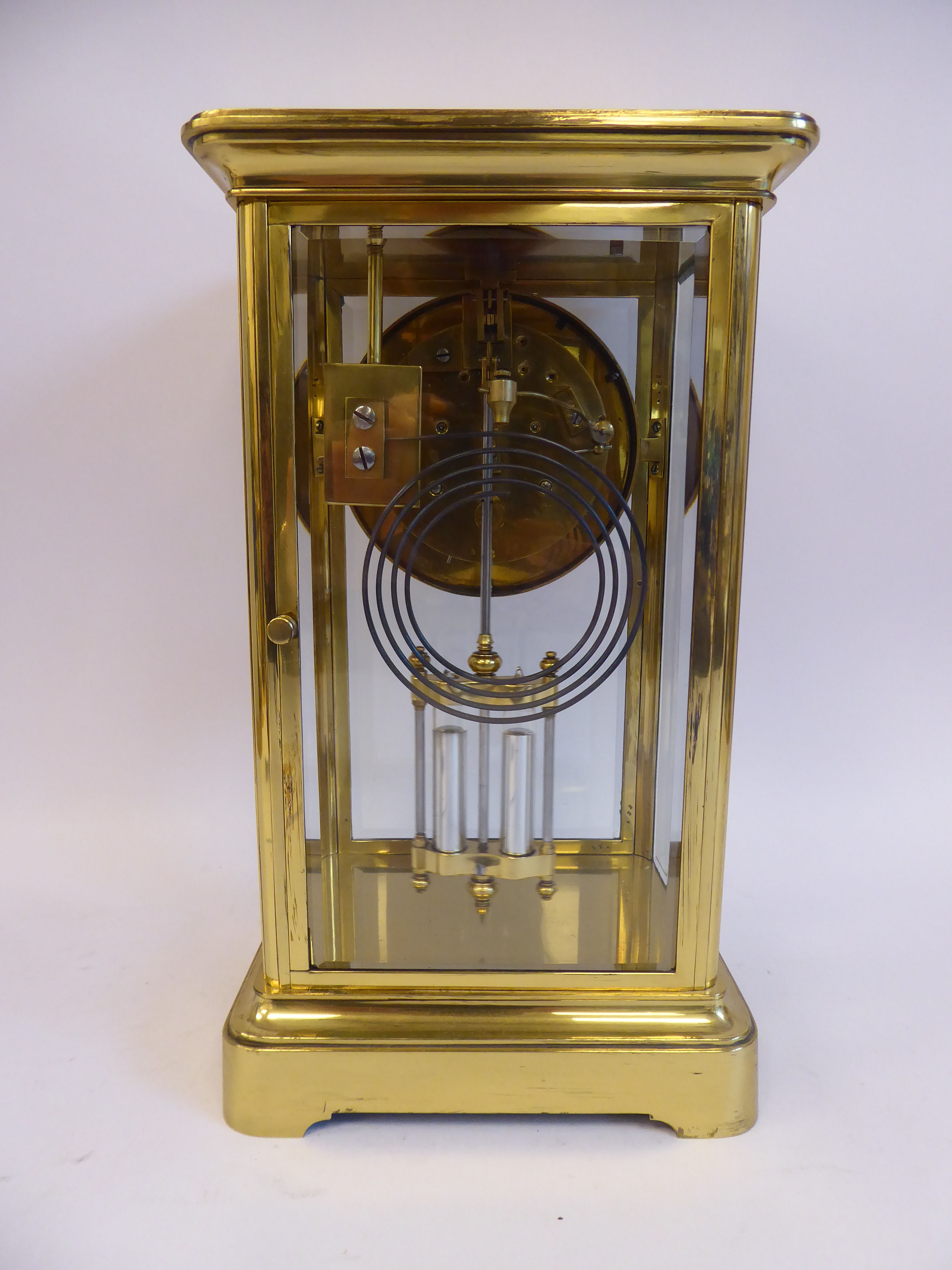 An early 20thC lacquered brass cased, four glass mantel clock, - Image 5 of 7