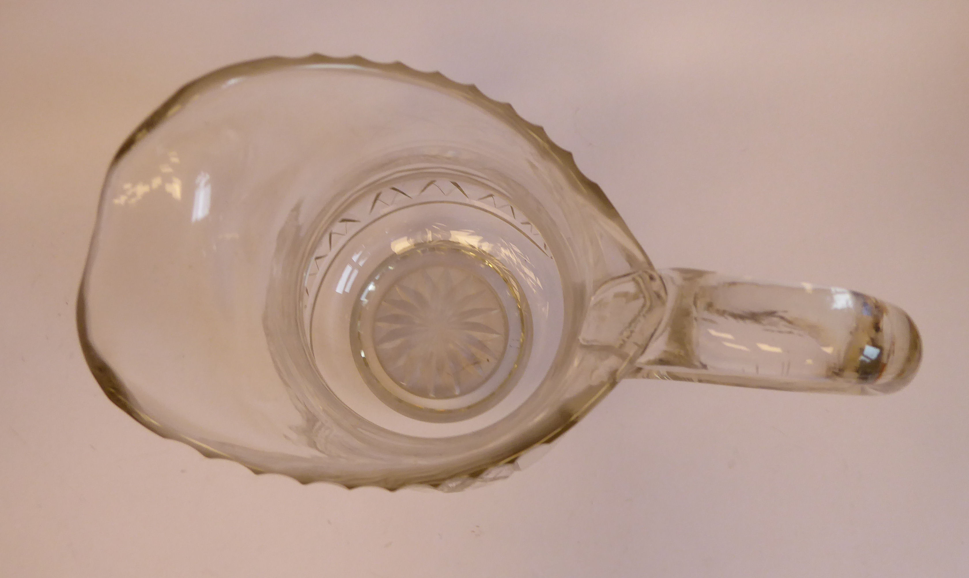 A late 19th/early 20thC crystal cordial jug of waisted baluster form with a drawn loop handle, - Image 6 of 6