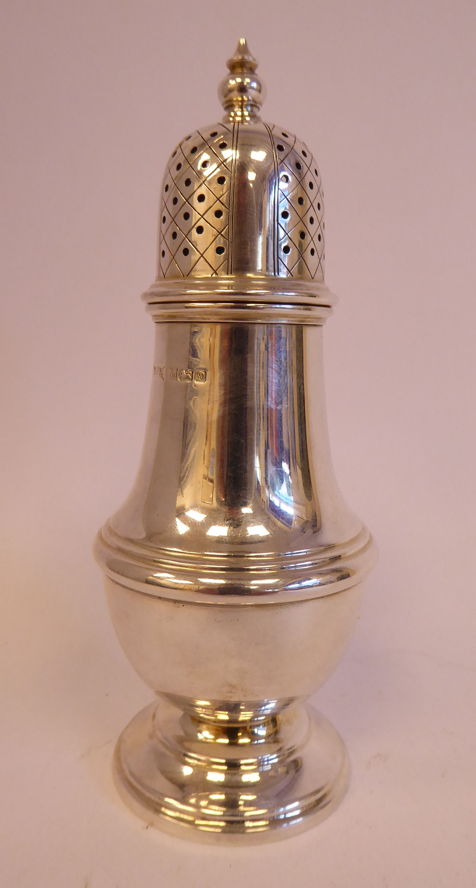 A Georgian style silver caster of pedestal vase design with a domed, - Image 2 of 4