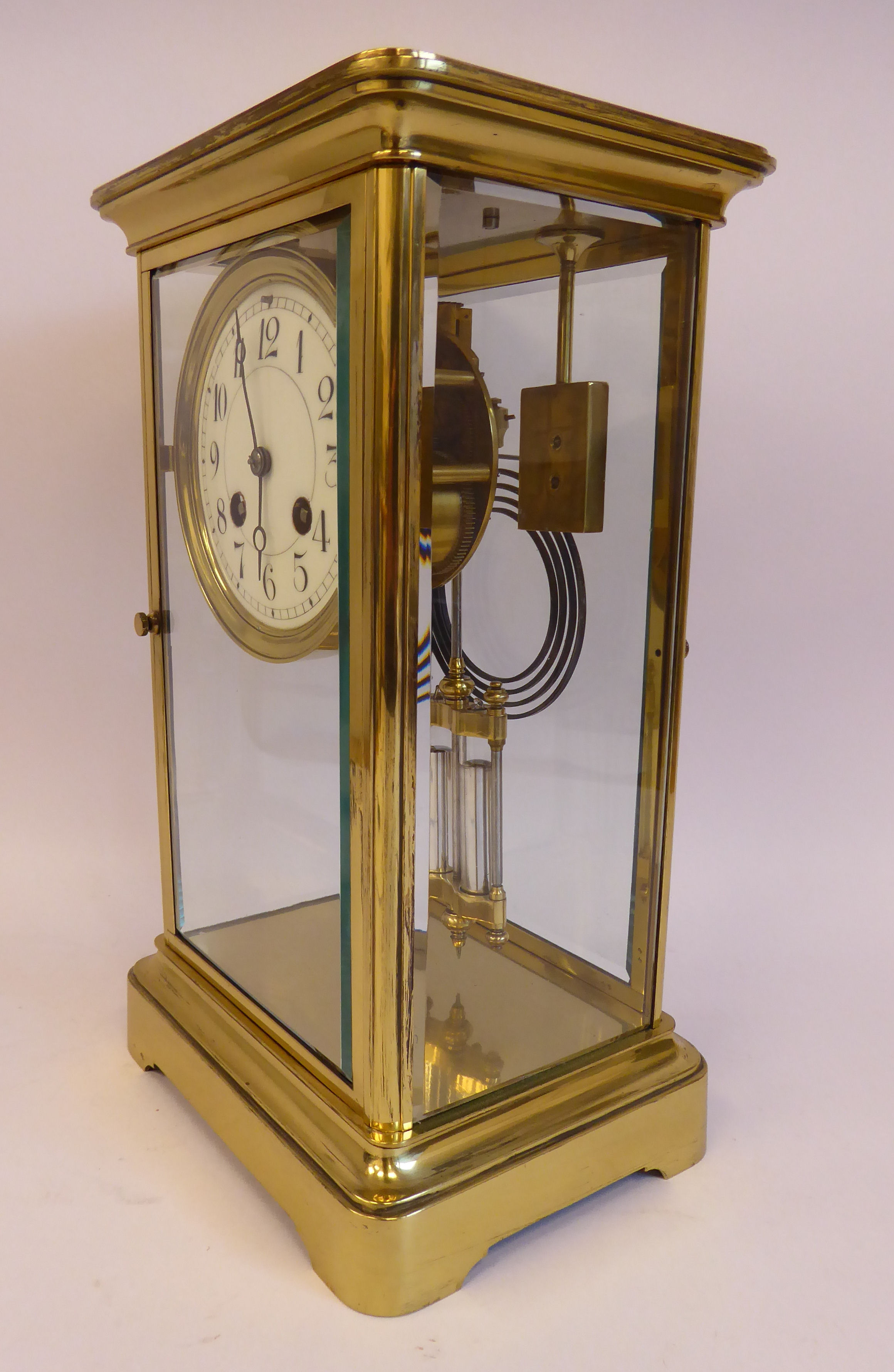 An early 20thC lacquered brass cased, four glass mantel clock, - Image 3 of 7