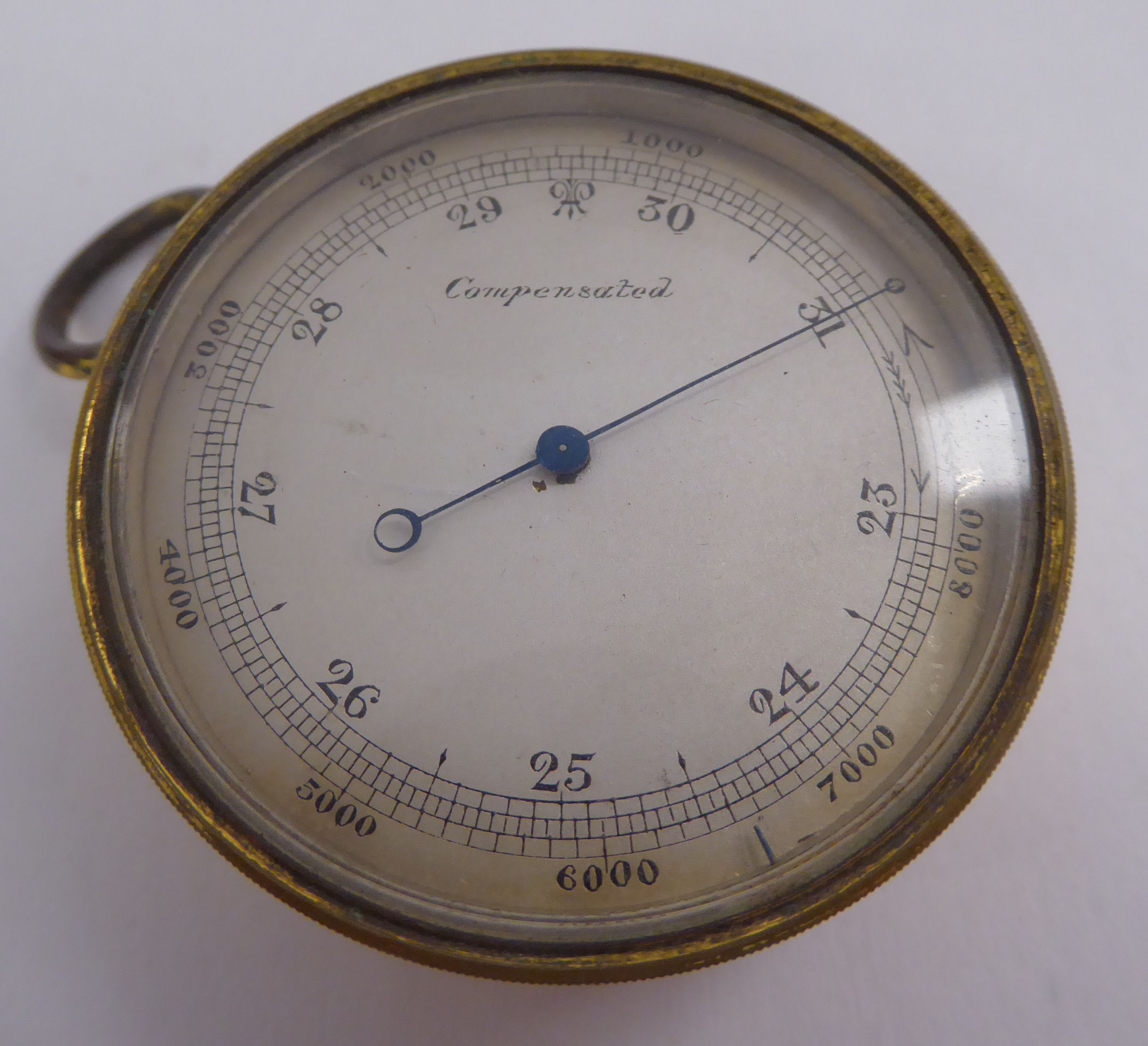 A late 19thC lacquered gilt metal drum cased pocket barometer with a silvered steel dial, - Image 3 of 5