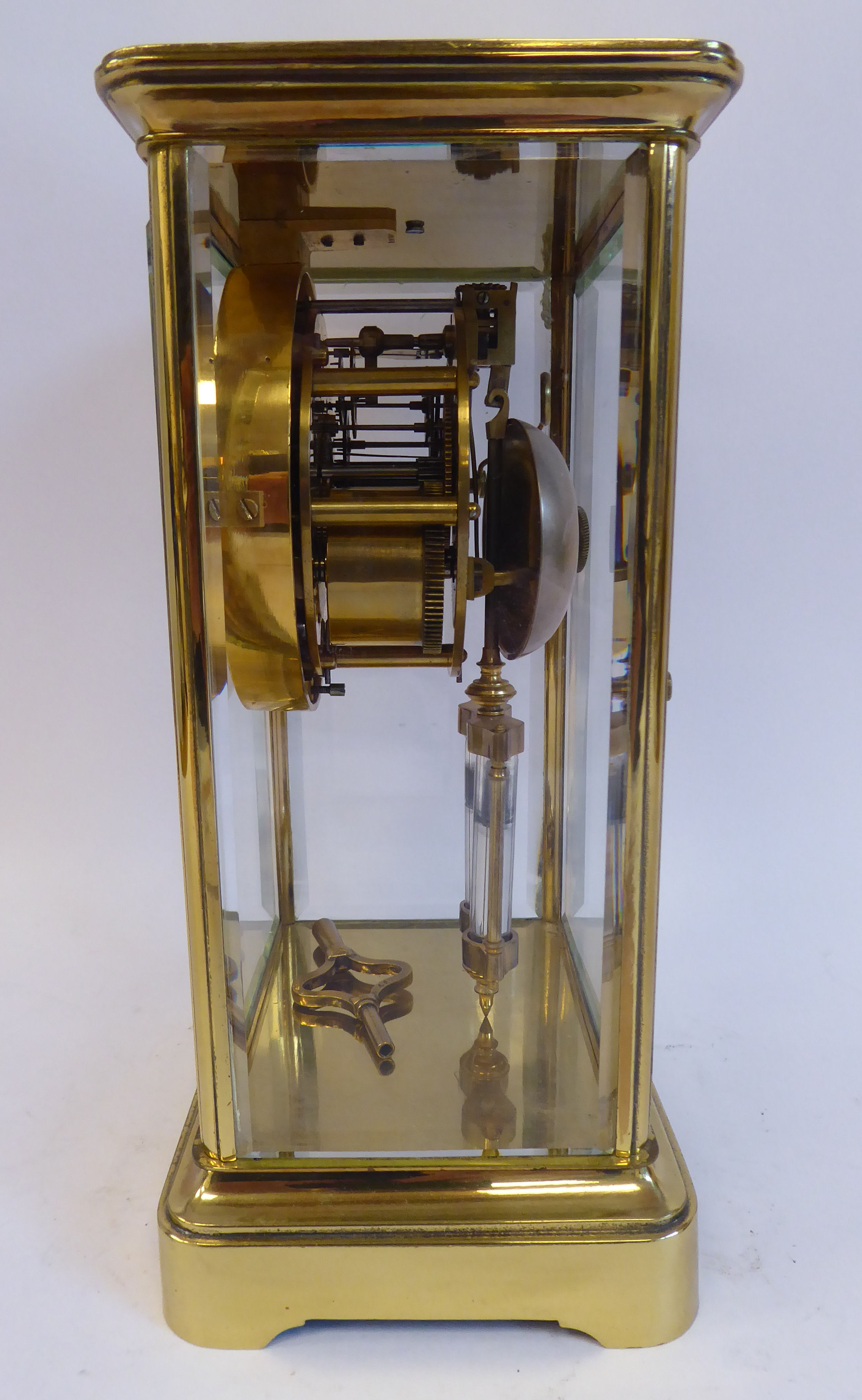 An early 20thC lacquered brass cased, four glass mantel clock, - Image 4 of 7