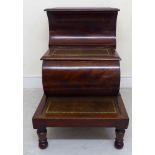 A late Victorian mahogany combination night commode and bed steps with tooled and gilded surfaces