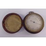 A late 19thC lacquered gilt metal drum cased pocket barometer with a silvered steel dial,