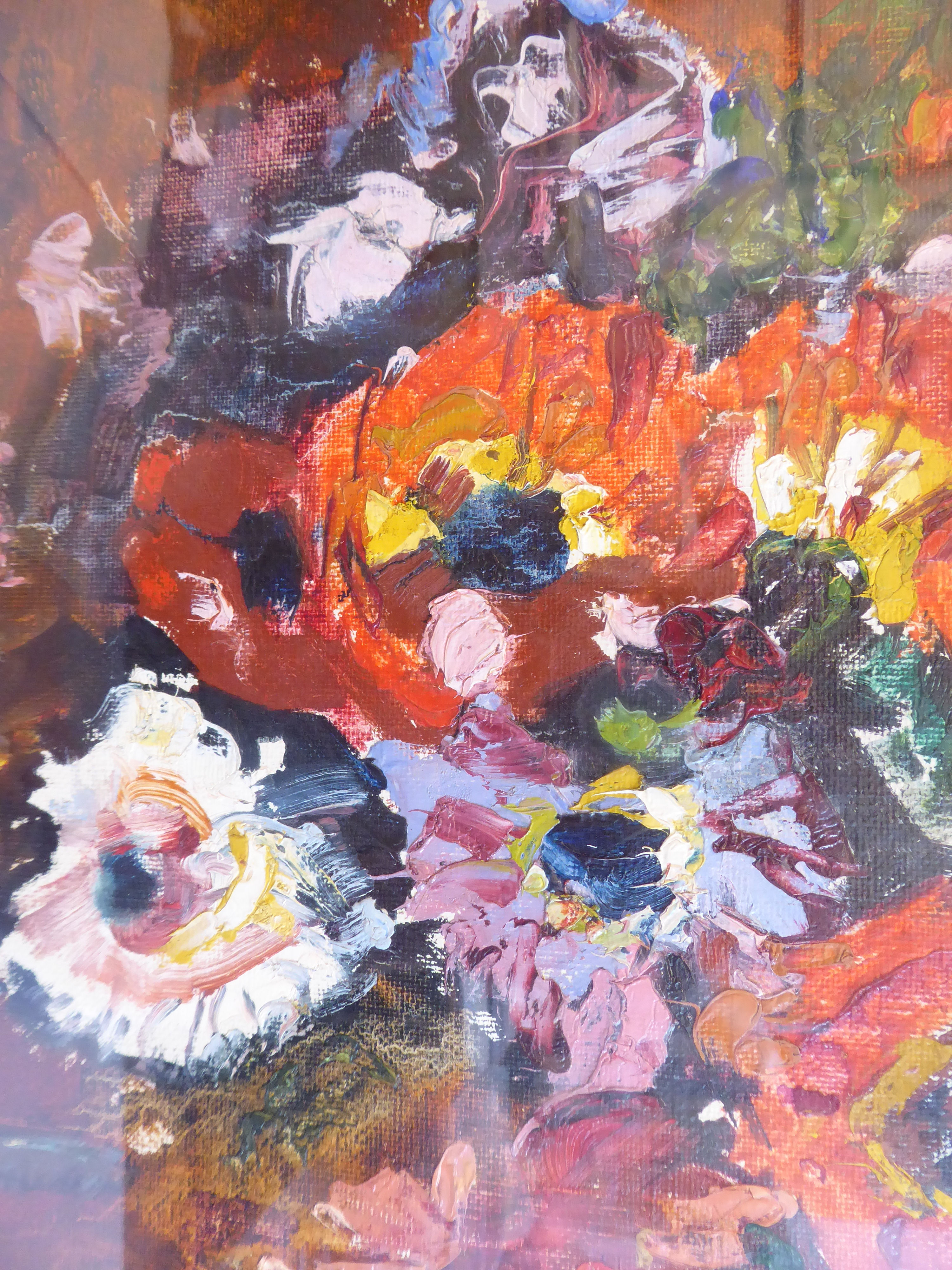Albert Woods - a still life study, mixed flowers in a vase oil on canvas, - Image 5 of 6