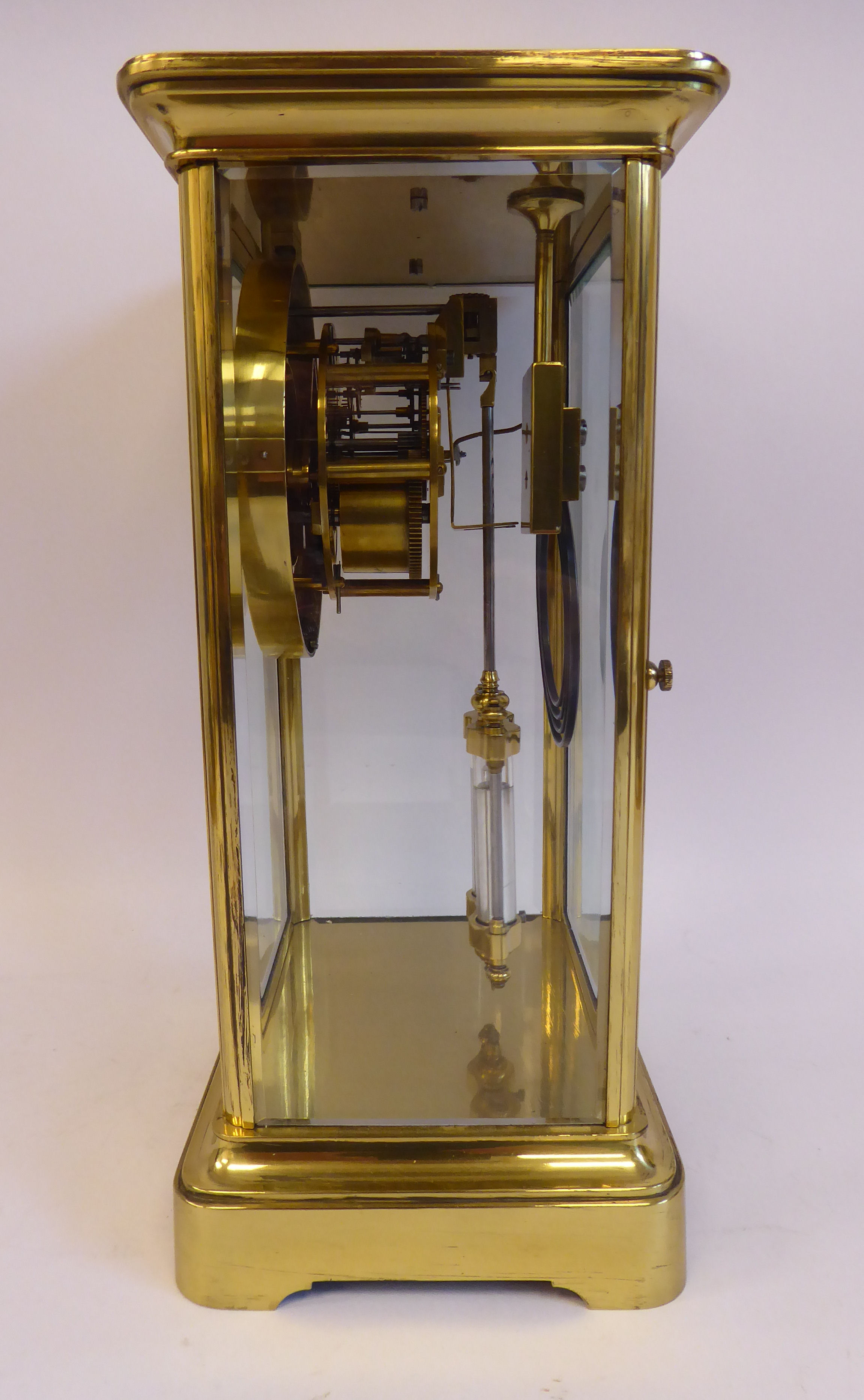 An early 20thC lacquered brass cased, four glass mantel clock, - Image 4 of 7