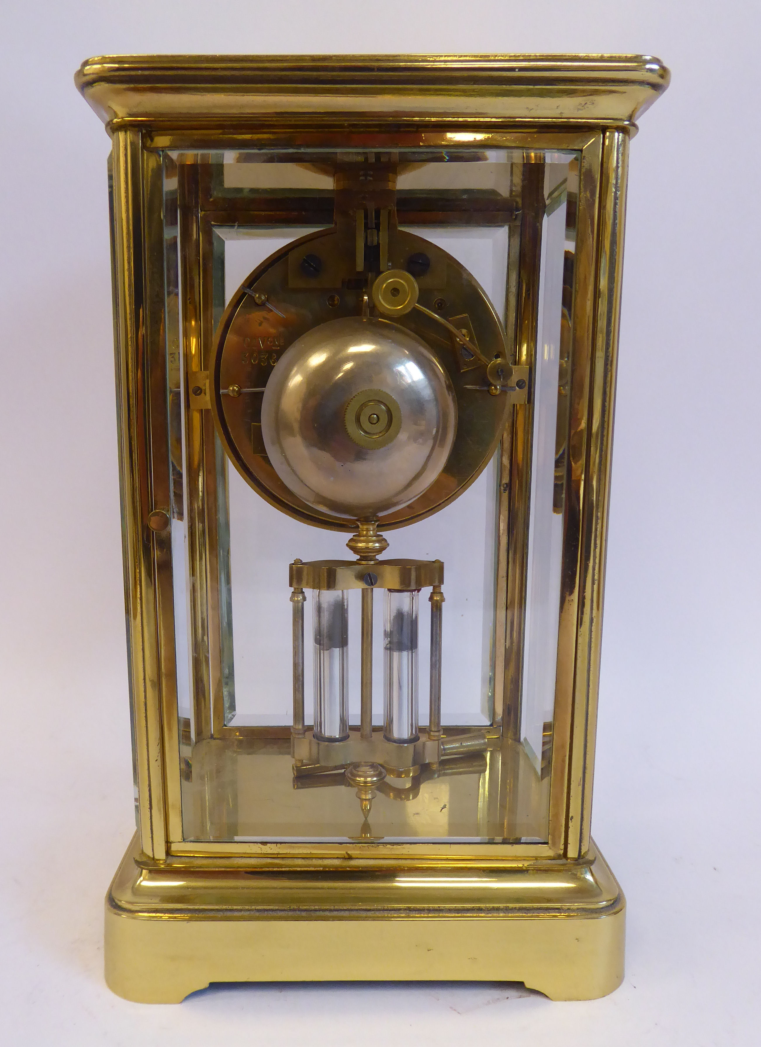 An early 20thC lacquered brass cased, four glass mantel clock, - Image 5 of 7