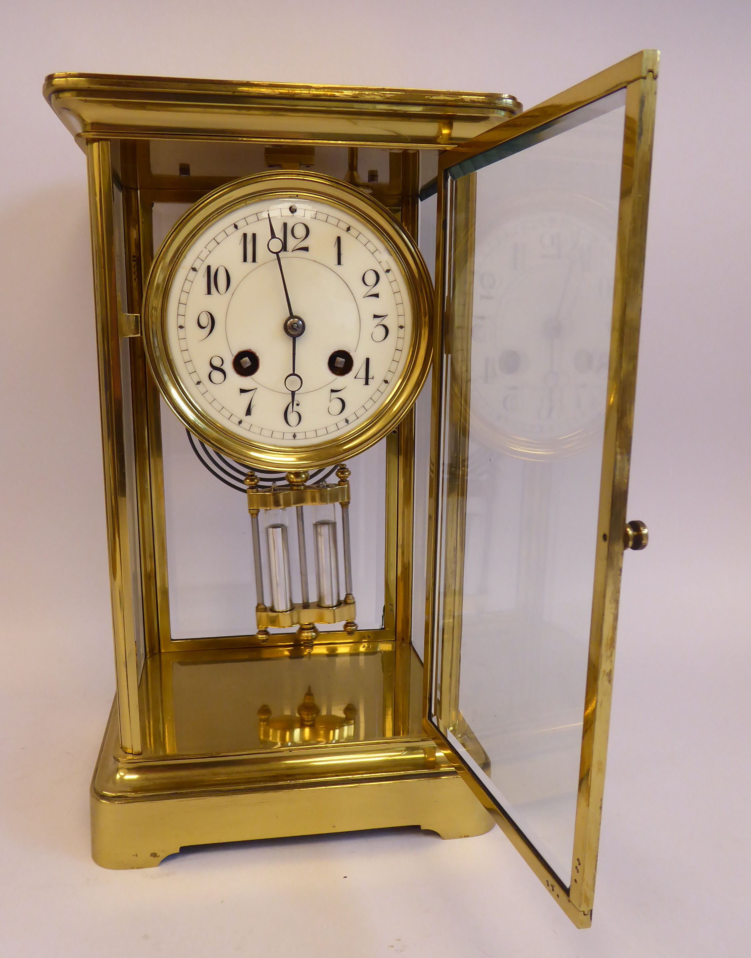 An early 20thC lacquered brass cased, four glass mantel clock, - Image 2 of 7