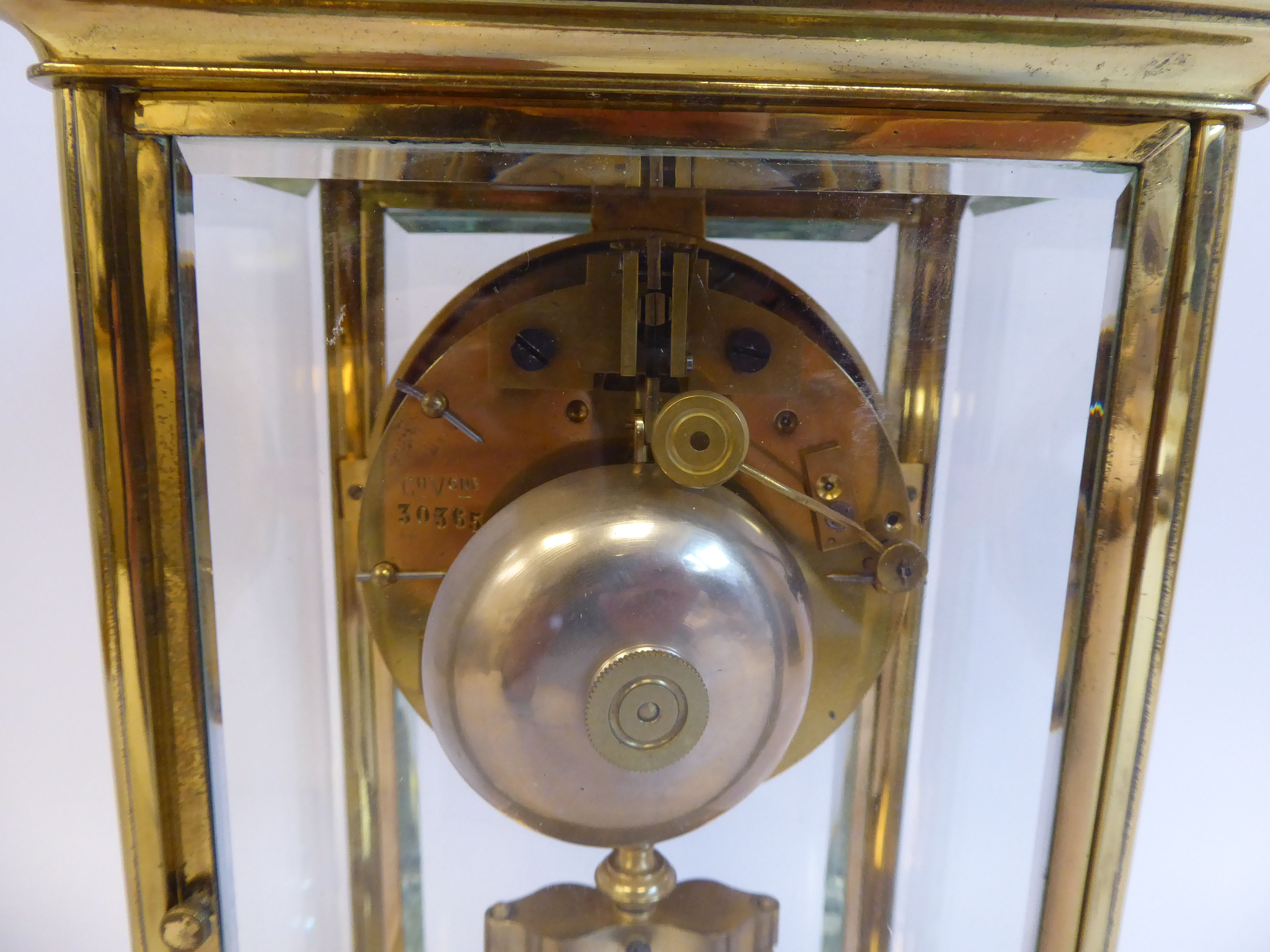 An early 20thC lacquered brass cased, four glass mantel clock, - Image 6 of 7