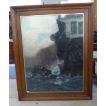 An early 20thC British School - a coastline scene with guls landing near crashing waves and a