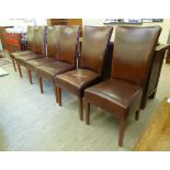 A set of six modern dining chairs, the stitched brown hide backs and seats raised on square,