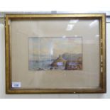 TG Dutton - an English coastline scene with clifftop cottages and small sailing vessels