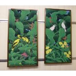 Kutuh Ubud - two studies of birds amongst foliage mixed media on fabric mounted on board bearing