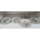 A set of five late 19thC Chinese porcelain plates, each decorated with differing central scenes,