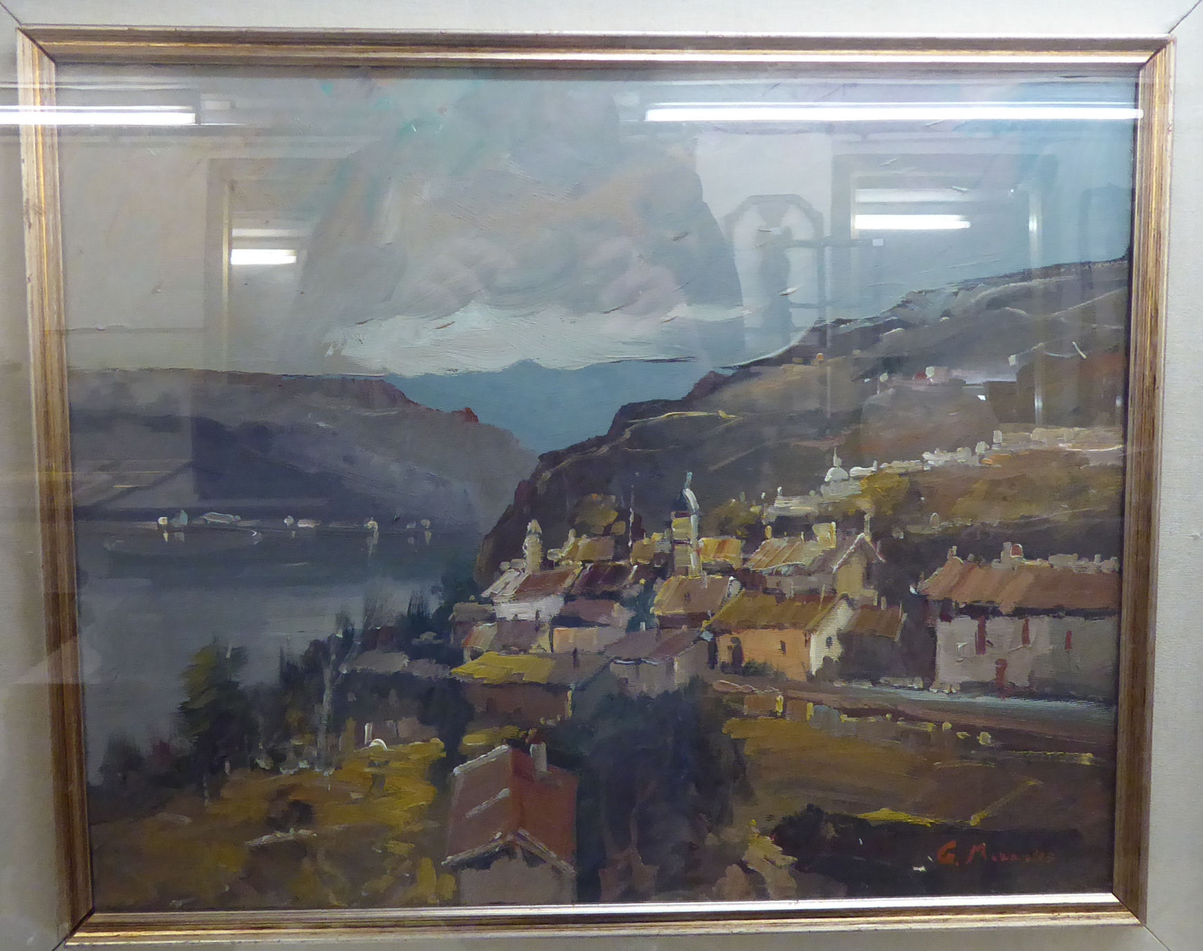 G Morrone - a shoreline scene with a village and mountains beyond oil on canvas bears a signature - Image 2 of 3
