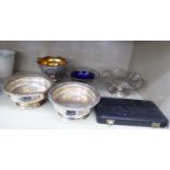 Silver plated and white metalware: to include a pair of pedestal wine coaster bowls 6''dia;