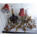 Interior lighting: to include a modern glass and gilt metal mounted table lamp,