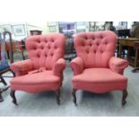 A pair of early 20thC Victorian style spoonback armchairs,