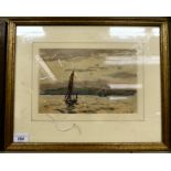 Hely Smith - a lone figure in a sailing boat with land beyond watercolour bears a signature 7''