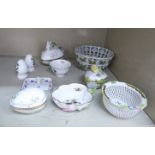 Ten pieces of Herend porcelain: to include a shallow bowl of pierced, foliate and basketweave form,