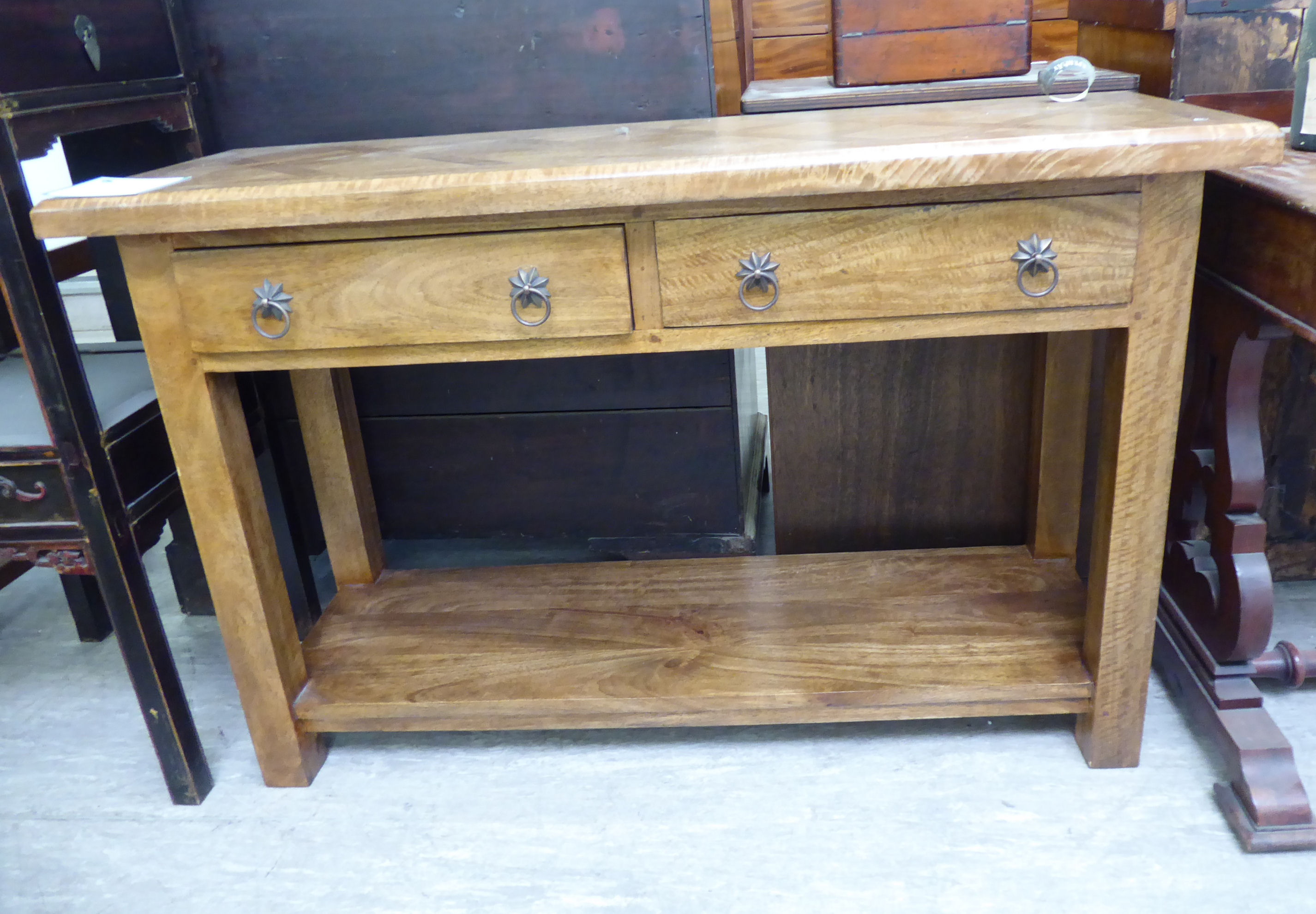 A modern Oriental light coloured hardwood side table with a parquetry top, over two in-line drawers, - Image 2 of 2