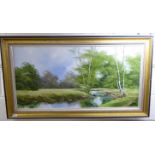 A modern British School - a woodland landscape with a stream and fields beyond oil on canvas 22''