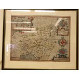 A 17thC John Speed coloured county map 'Carmarden both Shyre and Towne defcribed' incorporating