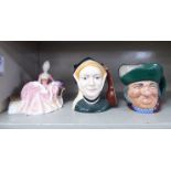 A Royal Doulton china figure 'Reverie' HN2306 7''h; and two Royal Doulton china character jugs,