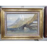 Late 19thC North Italian School - an Alpine scene with figures in small craft on a lake in the