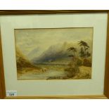 An early 20thC European School - figures fishing in a lake with mountains beyond watercolour 8''