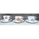Three commemorative china tea cups, viz.