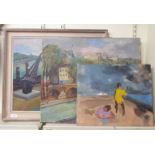 Works by Desmond Harmsworth: to include a London street scene oil on canvas bears a signature