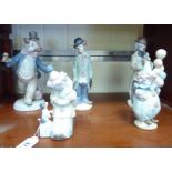 Five similar Lladro porcelain figures, clowns,