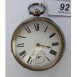 A late Victorian silver cased pocket watch with an enamelled Roman dial and subsidiary seconds