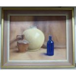 PG - a study of glass bottles and pottery vases oil on canvas bears initials 17'' x 13'' framed