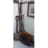 'Vintage' garden and workman's tools: to include braces; two umbrellas;