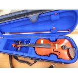 A Stentor Student One violin with a single piece back and an inked purfled edge 14''L cased