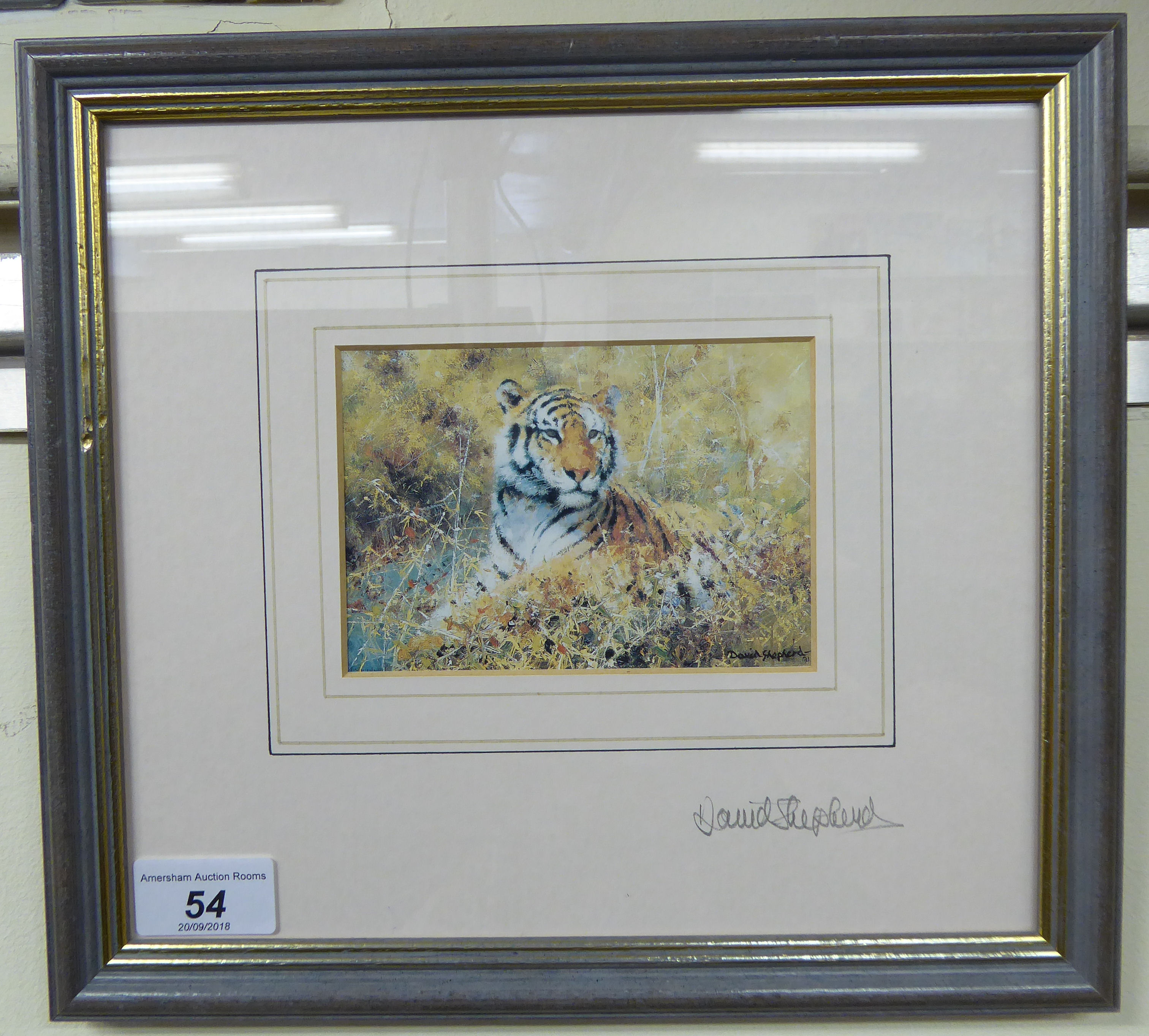 David Shepherd - a seated lion coloured print bears a pencil signature & personalised verse