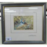 David Shepherd - a seated lion coloured print bears a pencil signature & personalised verse