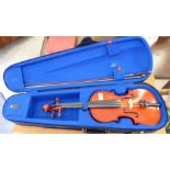 A Stentor Student One violin with a single piece back and an inked purfled edge 14''L cased