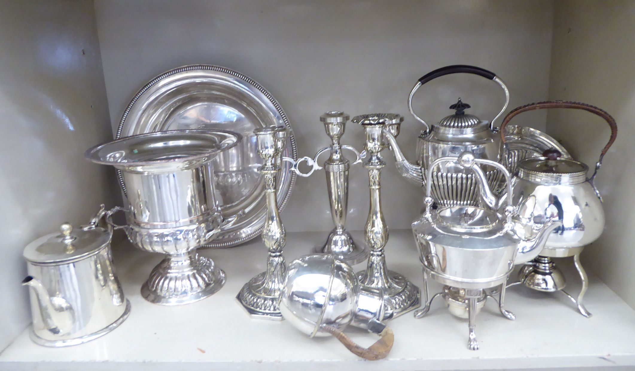 Silver plated tableware: to include a twin handled pedestal wine cooler 13''h OS3