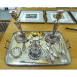 Silver plated tableware: to include a twin handled serving tray with a low pierced gallery and
