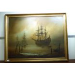 Glenn - galleons on a calm sea at sunrise oil on canvas bears a signature 31'' x 40'' framed