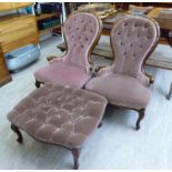 A pair of modern Victorian style stained beech framed salon chairs,