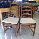 A set of six Ercol mid brown stained beech framed ladderback dining chairs with cushioned seats,