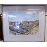 Simon Hodges - a landscape with a valley and mountains beyond watercolour bears a signature 16''