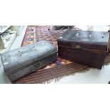 Two 1920/30s metal trunks with hinged lids 16''h 25''w & 11''h 24''w CS