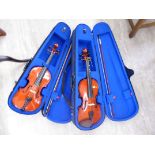 Two Stentor Student 1 violins with single piece backs and inked purfled edges both 14''L cased