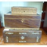 Three boxes: to include an early 19thC mother-of-pearl inlaid rosewood sewing box with straight